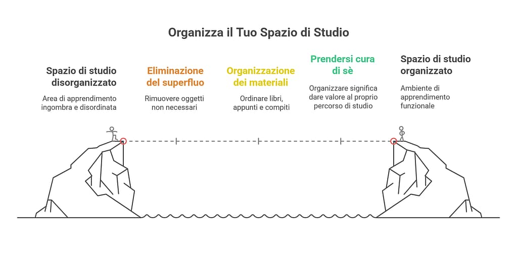 Organizzazione dello spazio. L'immagine propone un diagramma con le fasi del riordino del materiale scolastico.